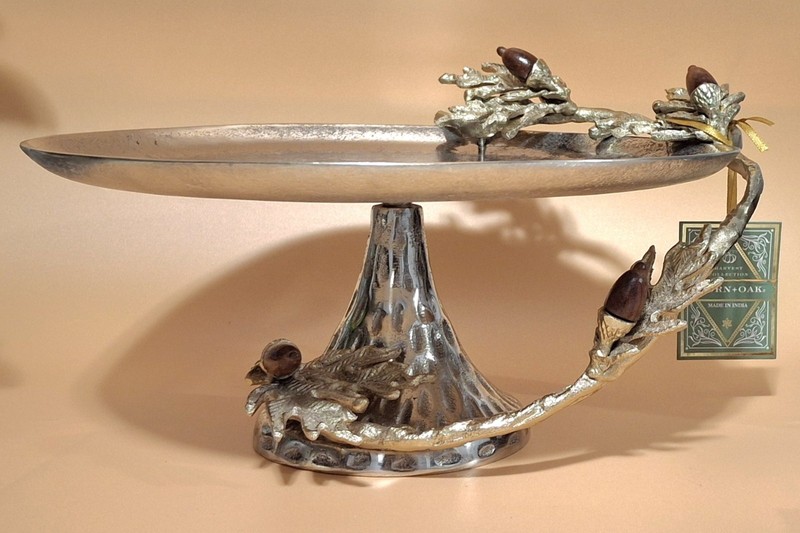 Acorn + Oak Harvest Collection Silver Metal Cake Stand Wood Acorns & Leaves