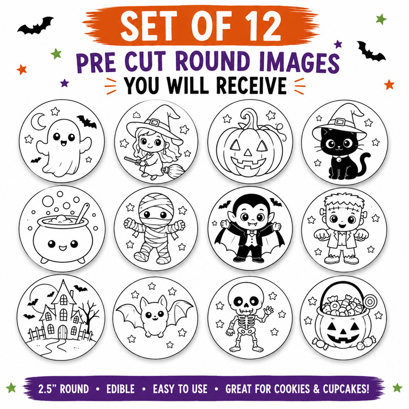 12 Halloween Paint your own Edible Image rounds, Wafer paper, pre cut, choose sz