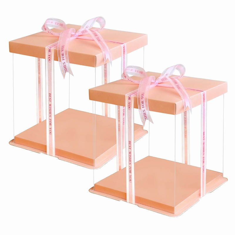 Pink Clear Cake Box Ribbon PreFolded Lid Dessert Carrier Display 10x10x9 Inch