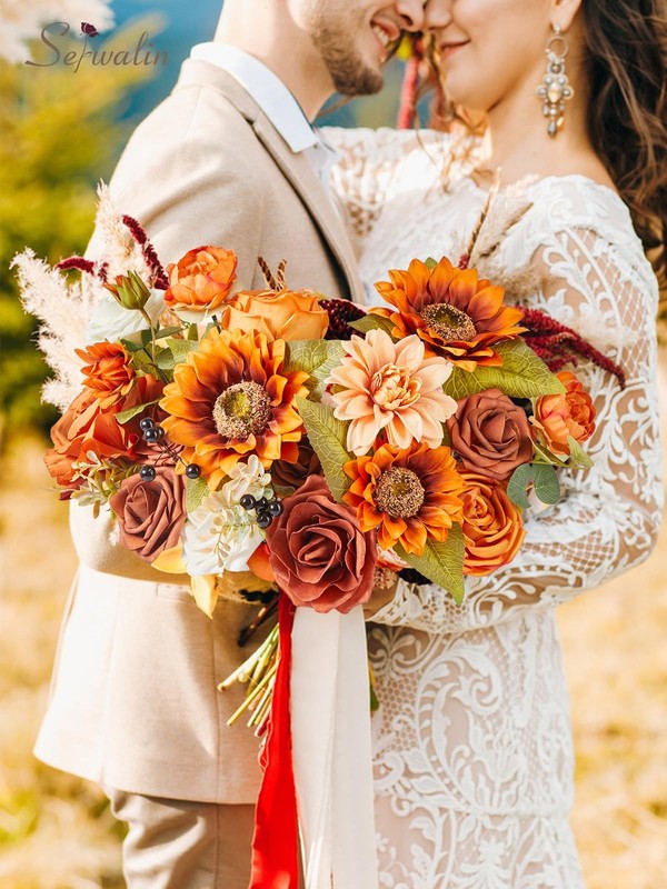 Serwalin Sunflower Artificial Flowers Burnt Orange Fall Flowers Fake Cake gallery