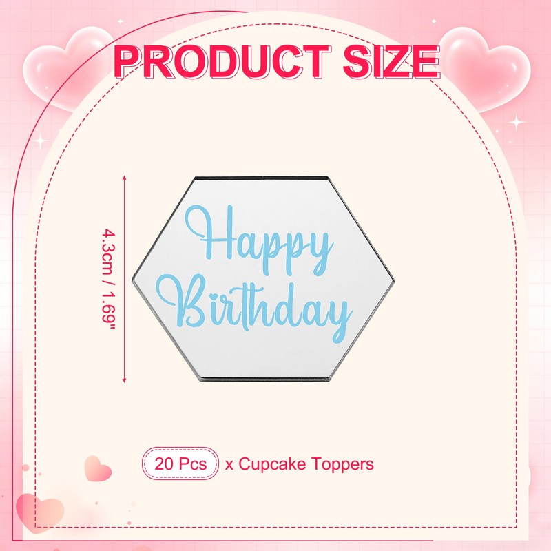 20Pcs Acrylic Mirror Hexagonal Birthday Cake Toppers, 004-Silver gallery