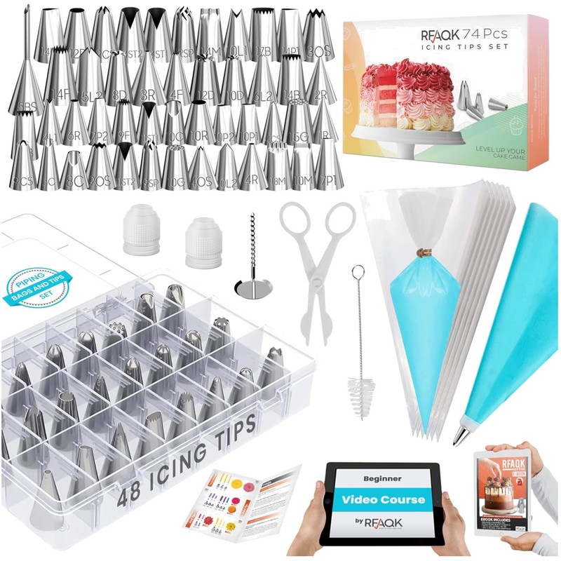 74-Piece Cake Decorating Kit with 48 Tips, Pastry Bags
