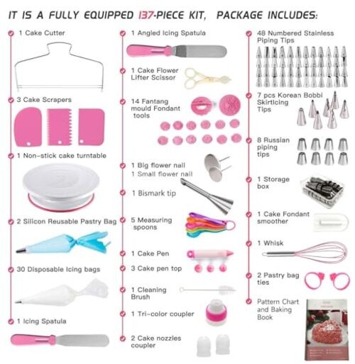 Cake Decorating Kit,137pcs Cake Decorating Supplies with Cake Turntable Pink gallery