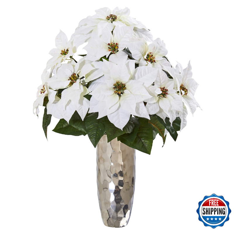 Nearly Natural Poinsettia Artificial Arrangement in Silver Cylinder Vase 27″