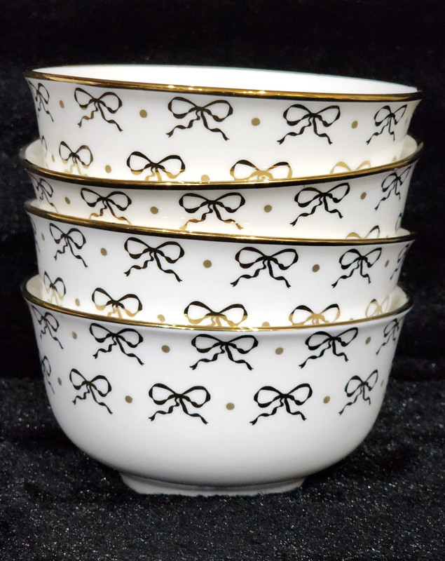 4 Yedi Gold Bows on White Tidbit Bowls Ceramic 4.5″ Kitchen Coquette Bridal Bow