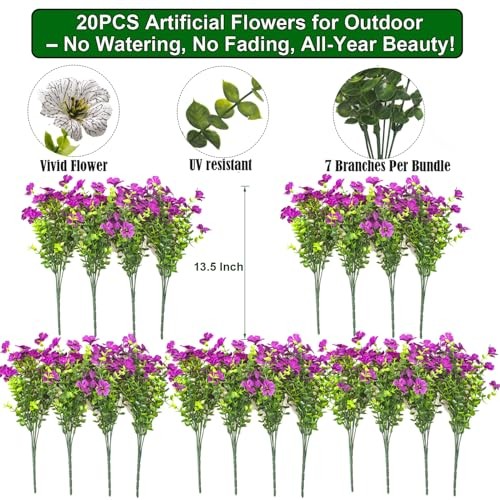 Grunyia 20 Bundles Artificial Flowers for Outdoors, UV Resistant Fake Fuchsia gallery