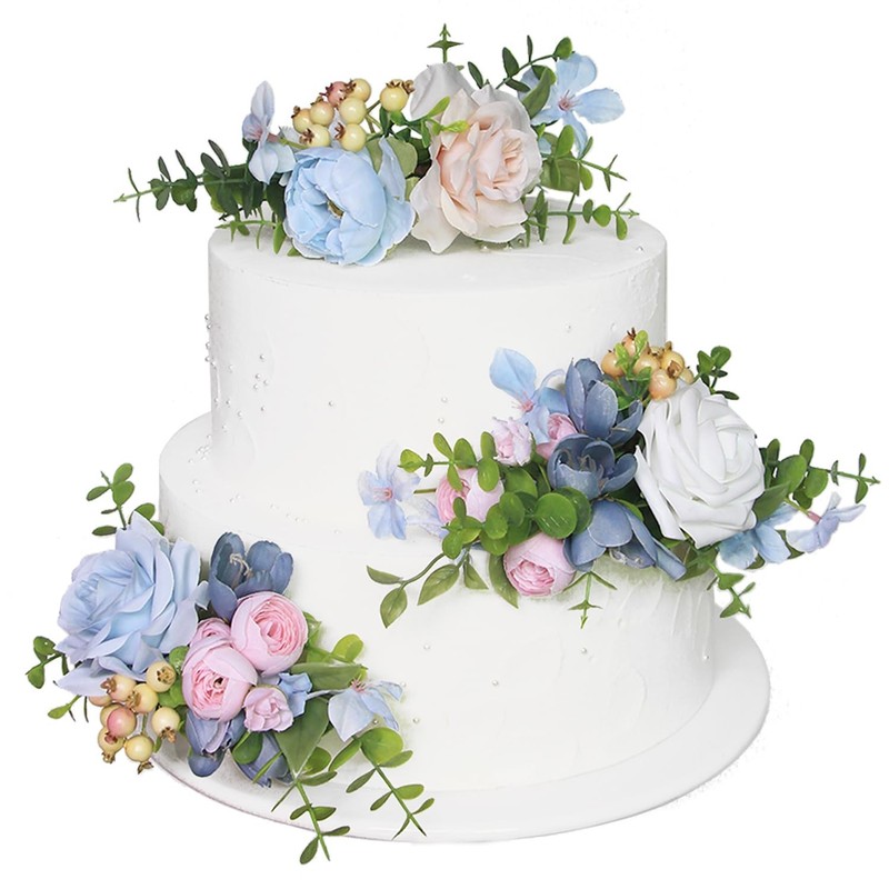 Rinlong 3Pcs Premade Cake Flowers Pink Blue Wedding Cake Decor