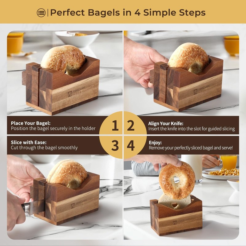 Annie Mia Design Premium Acacia Wood Bagel Slicer For Large Bagel Stylish Ha... gallery