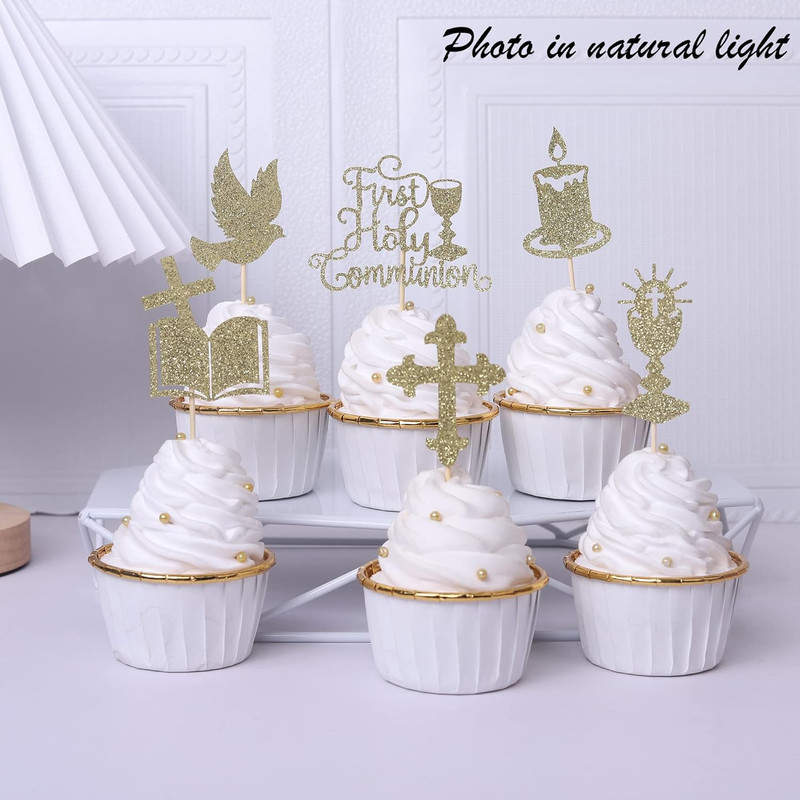 36 PCS First Holy Communion Cupcake Toppers Glitter Dove Cross God Bless Cupcake gallery