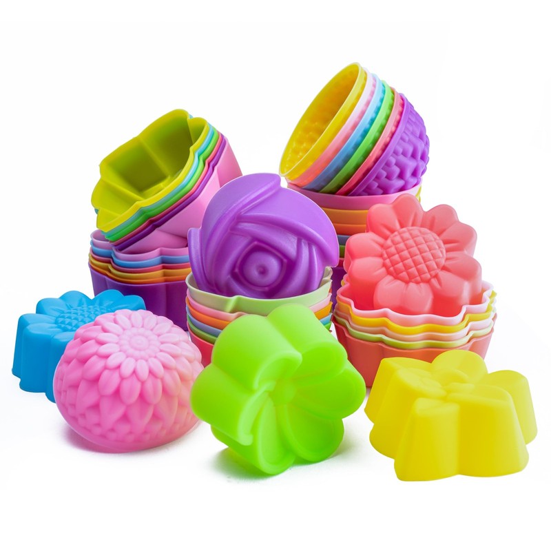 42Pcs Mini Size Silicone Molds, 2 x 0.8 inch Cupcake Multi Flower Shapes Baki…