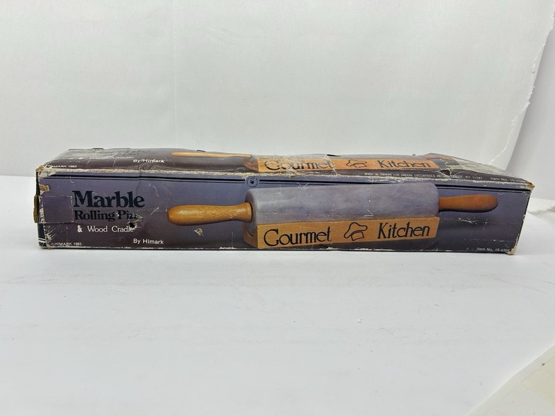 Vintage Gourmet Kitchen Marble Rolling Pin Gray Marbled Wood Handles & Cradle gallery