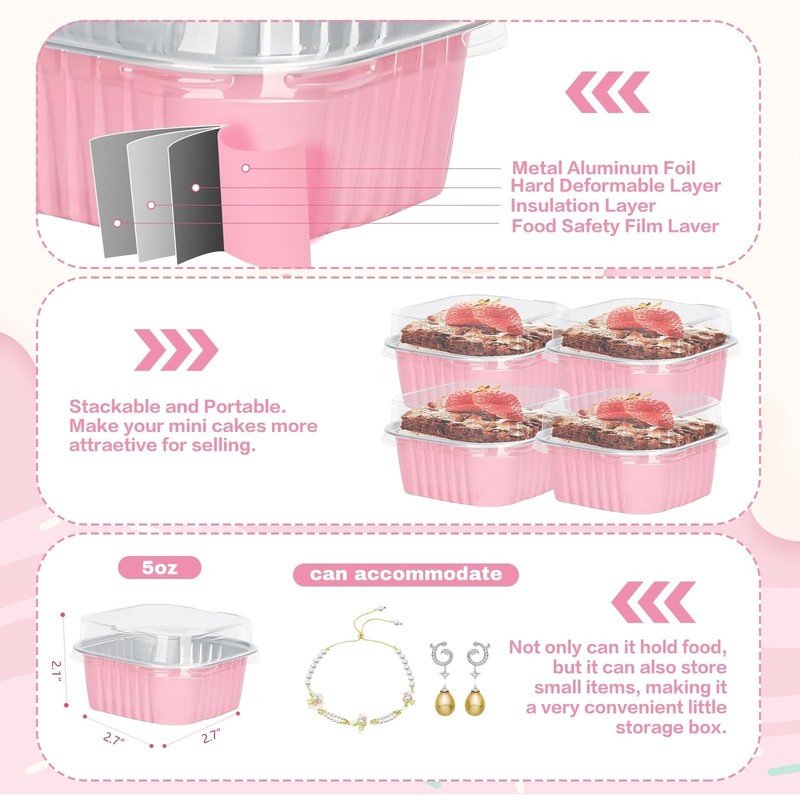 30 Pack 5oz Pink Mini Cake Pans with Lids and Spoons - Aluminum Baking Cups gallery