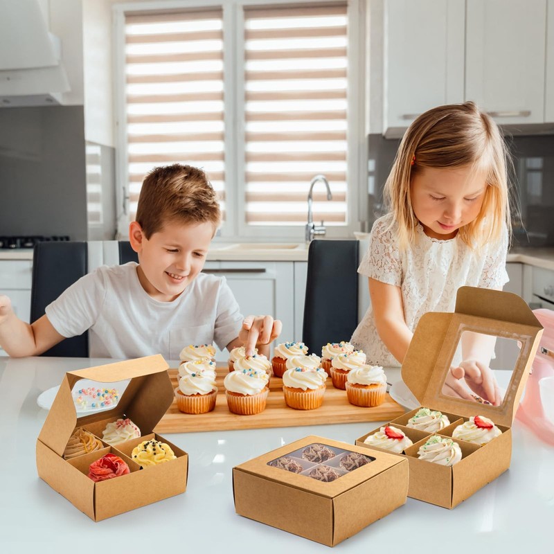 40 Pack Brown Bakery Boxes with Window and Dividers, 6 x 6 Inch Mini Pastry B... gallery
