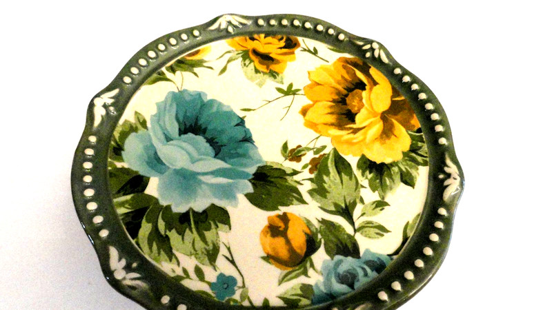 Pioneer Woman Mini Cake/Cupcake Stand Floral Bursts Stoneware Green 5.8 Inches gallery