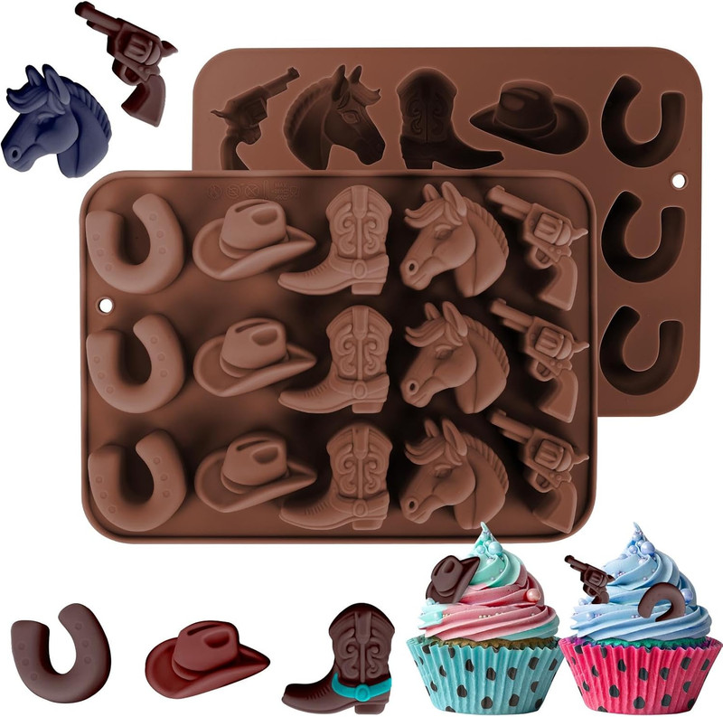 Western Themed Cowboy Candy Silicone Molds 2PCS, Chocolate Jello Moulds with Hor