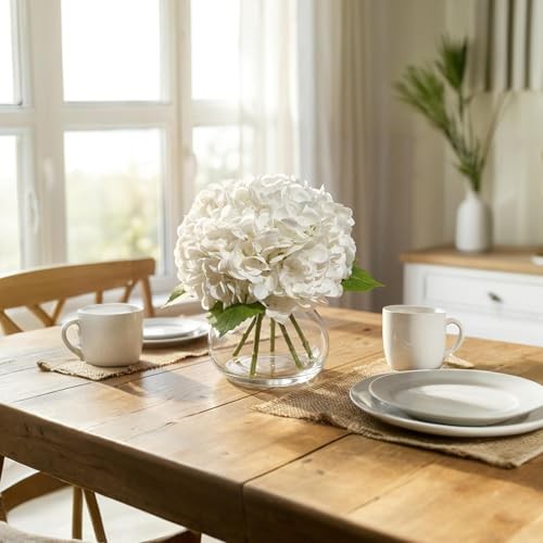 White Hydrangea Artificial Flowers with Vase, Latex Fake Hydrangeas Spring gallery