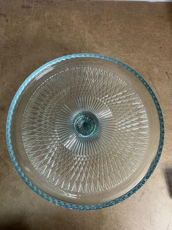 Blue Pressed Glass Pedestal Cake Stand Beaded Edge Retro Round Dessert Tray gallery