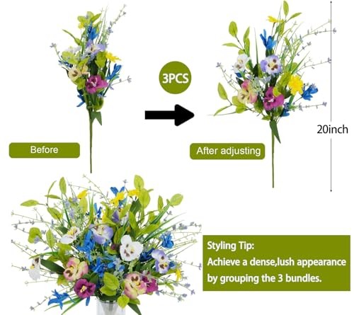3 Bundles Artificial Wildflowers Fake Silk Mixed Pansies 20" Vibrant Style 1 gallery
