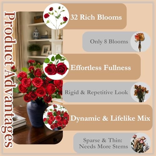 8 Pcs Roses Artificial Flowers 23.6" Silk Rose Bouquets Faux Flower Stems Red gallery