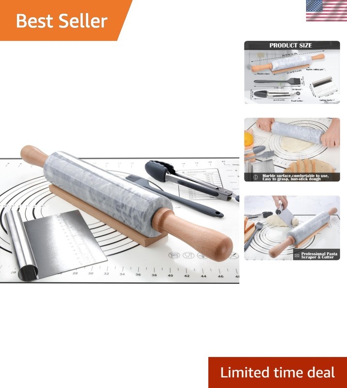 Marble Rolling Pin Set with Silicone Pastry Mat,Pastry Brush,Cooking Tongs,St…