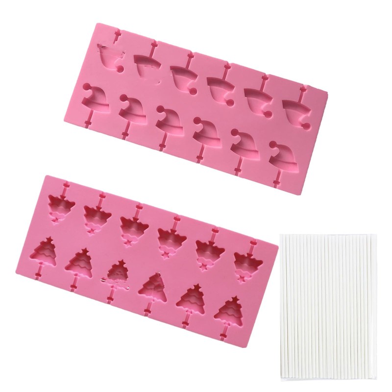 2 PCS 12Cavity Christmas Silicone Lollipop Chocolate Molds With 100 Sticks