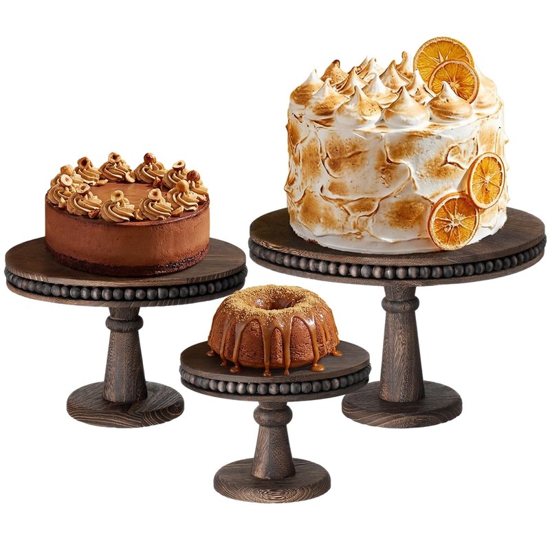 3 Pcs Round Wood Cake Stand Set Beaded Wooden Rustic Farmhouse Cupcake Pedest…