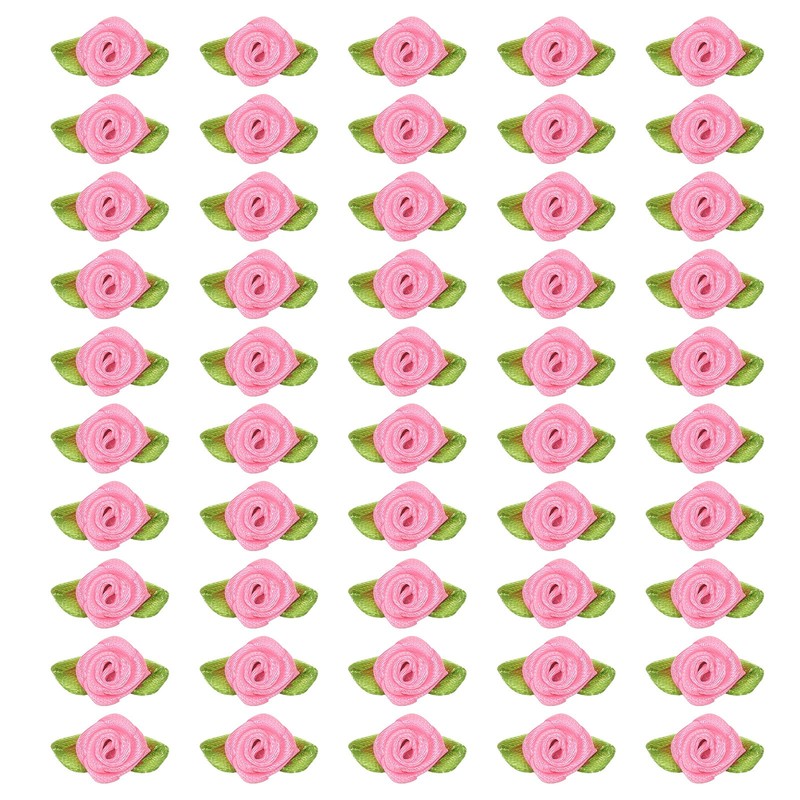 200Pcs 15mm Tiny Satin Ribbon Rose Fabric Flowers Rosettes Applique Rose Pink