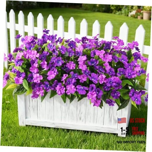 Artificial Impatiens Flowers for Outdoors, 6 Bundles Silk Fake Double Purple