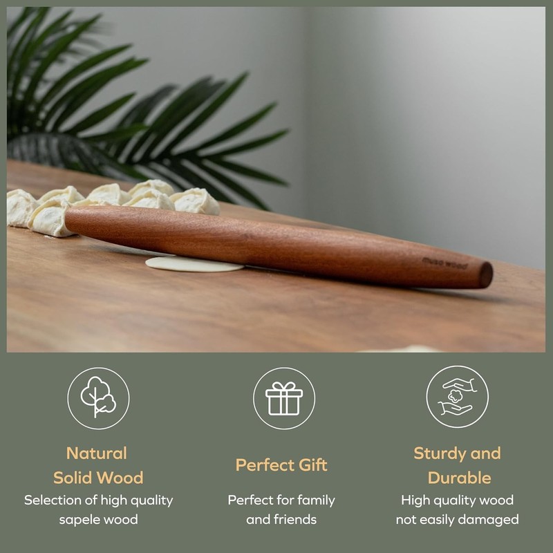 Muso Wood Sapele Wooden French Rolling Pin 15.75in Pin, gallery