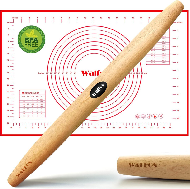 French Rolling Pin and Silicone Baking Mat Set, Non-Stick Beech Wood Rolling Pin gallery