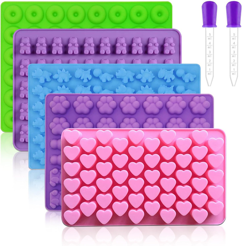 Silicone Gummy Molds Set of 5, Candy Molds with 2 Droppers for Convenient Fillin