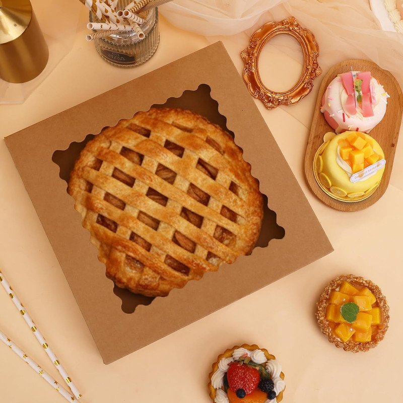 Moretoes 5pcs Pie Boxes, 10x10x2.5 Bakery Boxes with Window, Auto-Popup Brown Ba gallery