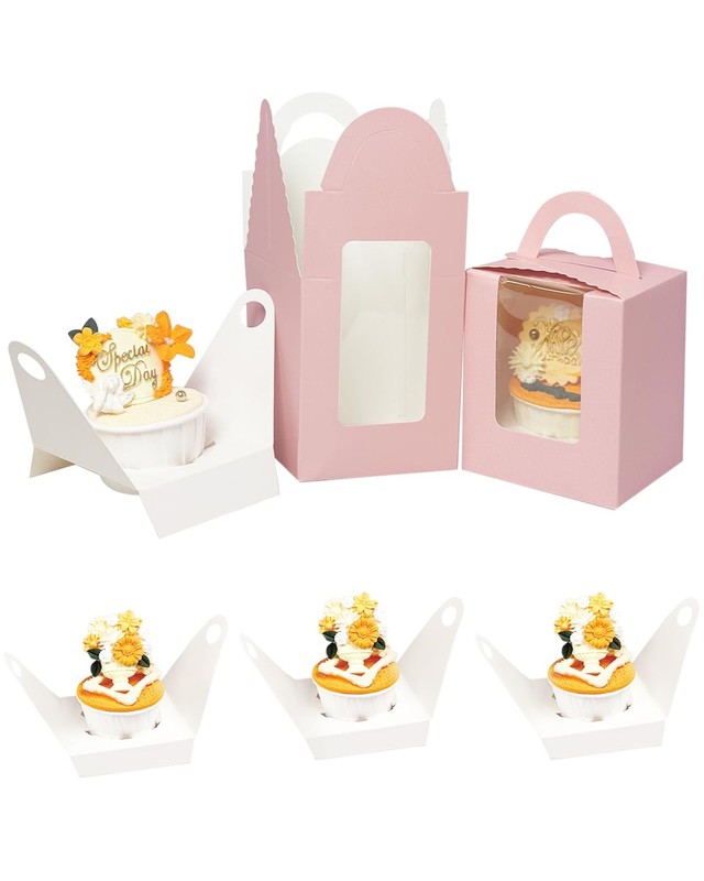 60 PCS Pink Individual Cupcake Boxes with Window 3.7x3.7x4.3 Inch Carrier gallery