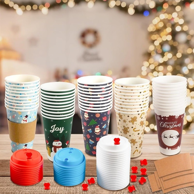 Vintage Christmas Disposable Coffee Cups W/ Lids & Sleeves Holiday Parties New gallery