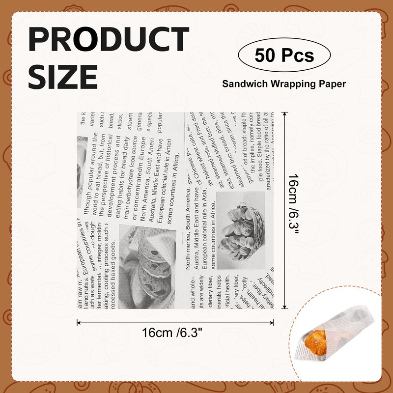 50Pcs Sandwich Wrapping Paper, 6.3x6.3" Food Basket Liners, White (Newspaper) gallery