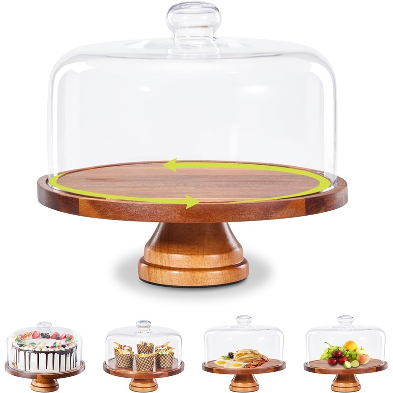 Glass Cake Stand with Lid,11in Wooden Rotating Cake Stand with Dome Cover, Ca…