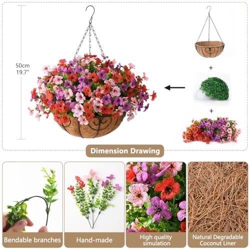 Artificial Faux Hanging Plants Flowers Basket for Outdoor Purple Red Pink gallery