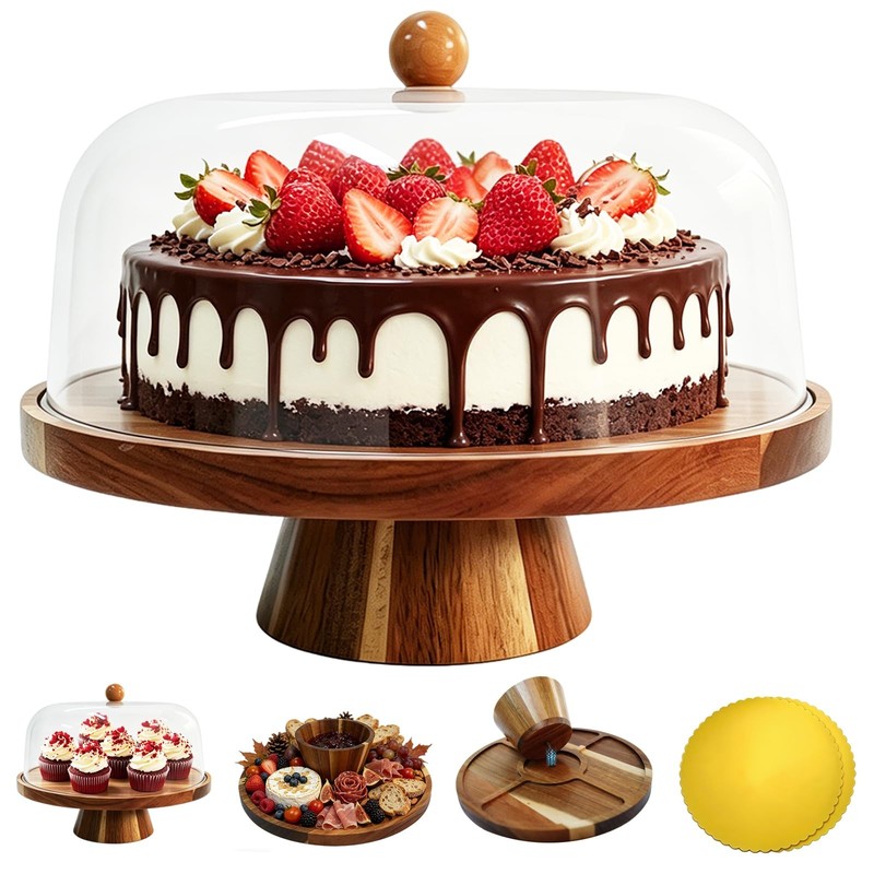 Acacia Wood Cake Stand with Lid, 11.42-inch Round Footed Display, 2-in-1 Reve…