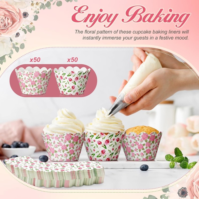 100 Pcs Vintage Floral Cupcake Wrappers Spring Flower Cupcake Liners Muffin Cake gallery