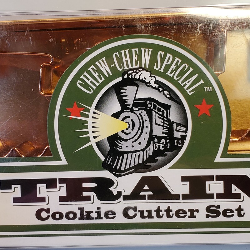 Chew Chew Train Cookie Cutter Set Cooper Plated Locomotive Coal Car Caboose VTG gallery