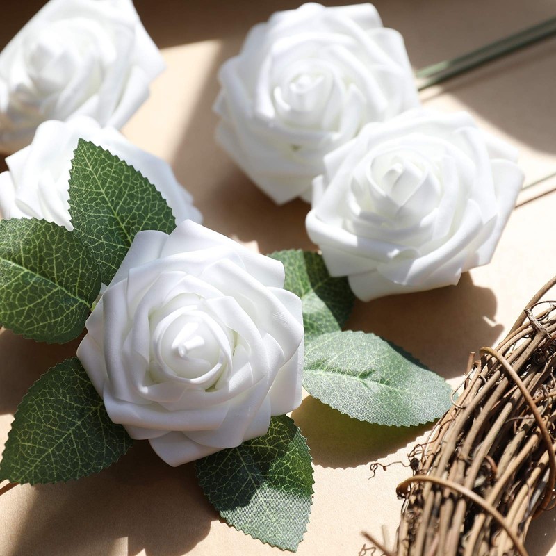AmyHomie 25x Artificial White Roses w/Stem, Real Look Fake Flowers Wedding Decor gallery