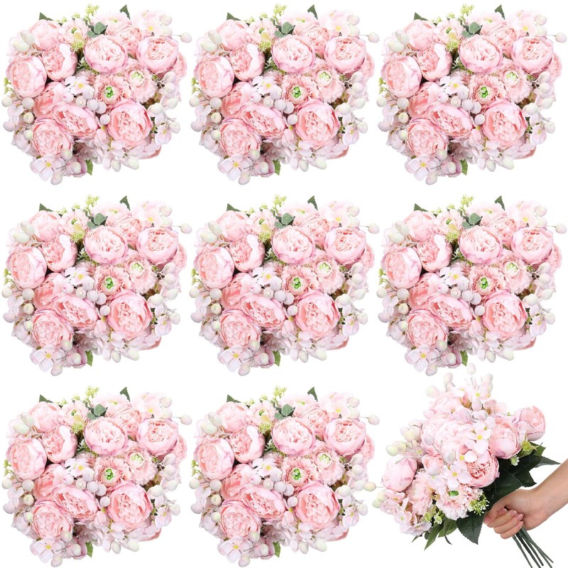 Crowye 16 Bundles Artificial Peony Silk Flower Hydrangea Fake Peony Bouquet