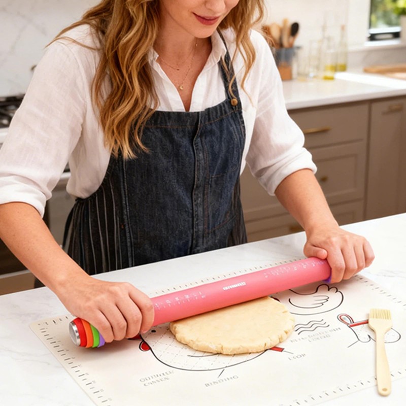 3 PCS Adjustable Rolling Pin Dough Roller Thickness Ring Silicone Mat Brush gallery