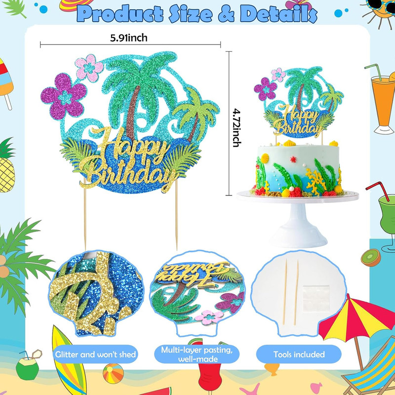 Glitter Hawaii Happy Birthday Cake Topper Palm Tree Summer Flower Ocean Hawaiian gallery