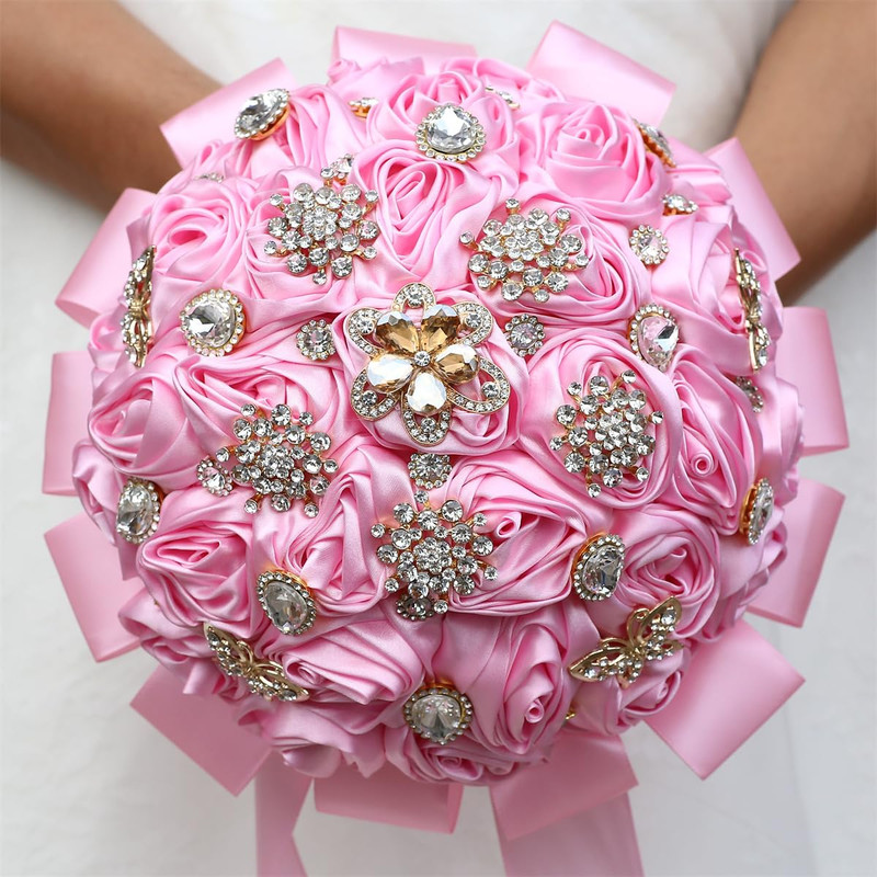 Mhojpik 7.5 Pink Bridal Wedding Bouquet Round Bling Brooch Bouquet Throw Toss