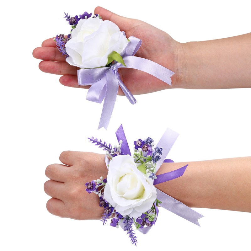 4 Pack Artificial Rose Wrist Corsage and Boutonnieres Set, White and Purple