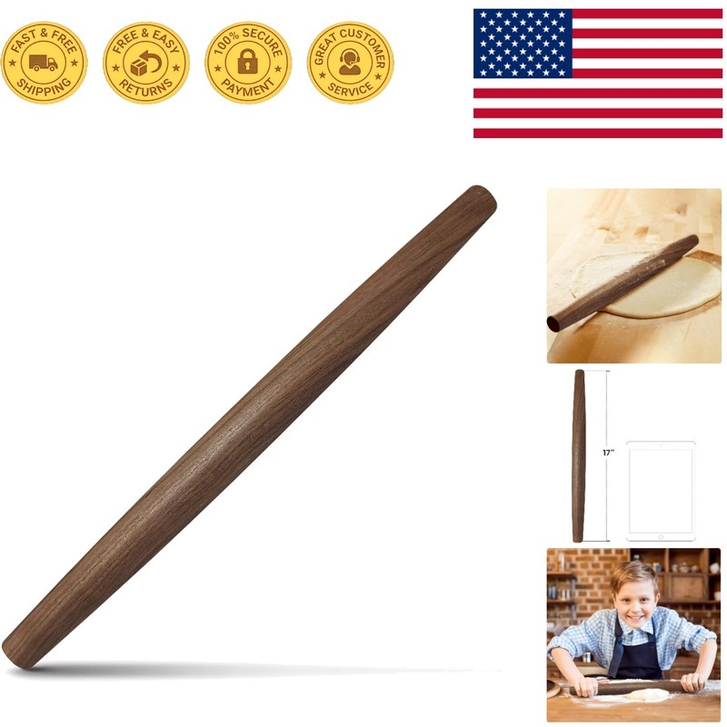 17-Inch Tapered Walnut Wood Rolling Pin – Perfect for Dough, Fondant, and Pastry