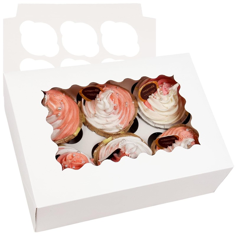 20 PCS AutoPop Up 6 Cupcake Boxes Window White Carrier 9.4×6.1×3 Inch