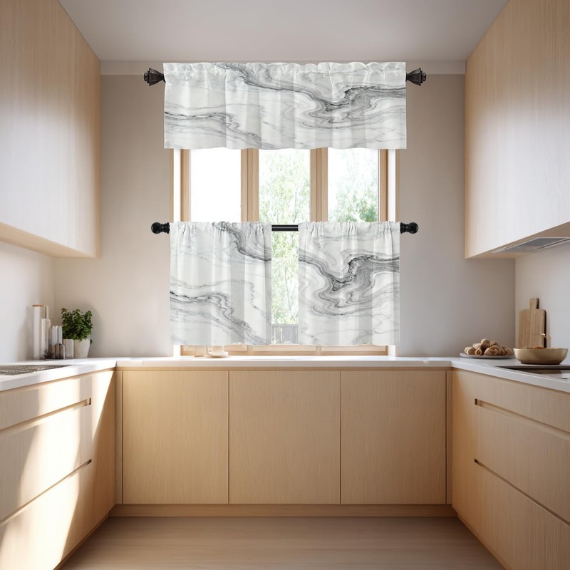 White Gray Abstract Marble Kitchen Valances for Windows,Black Art Curvy Wave ... gallery