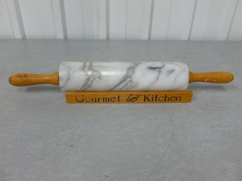 Marble Gray and White Rolling Pin With Wooden Handles And Base
